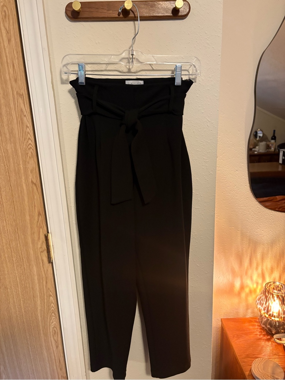 Leith Black Wide-Leg Paperbag Waist Pants with Tie